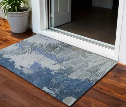 3' X 5' Denim Blue And Navy Blue Abstract Washable Indoor Outdoor Area Rug