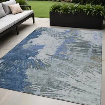 5' X 8' Denim Blue And Navy Blue Abstract Washable Indoor Outdoor Area Rug