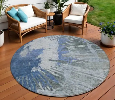 8' Denim Blue And Navy Blue Round Abstract Washable Indoor Outdoor Area Rug