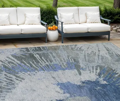 8' X 10' Denim Blue And Navy Blue Abstract Washable Indoor Outdoor Area Rug