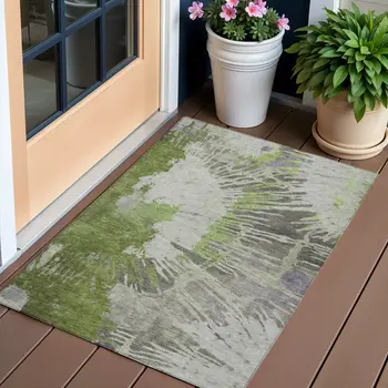 3' X 5' Olive Green Artichoke Green And Fern Green Abstract Washable Indoor Outdoor Area Rug