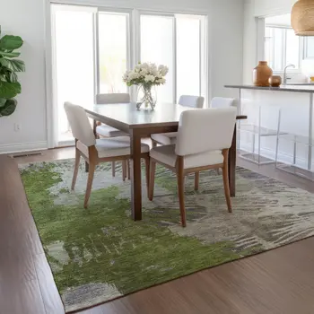 3' X 5' Olive Green Artichoke Green And Fern Green Abstract Washable Indoor Outdoor Area Rug