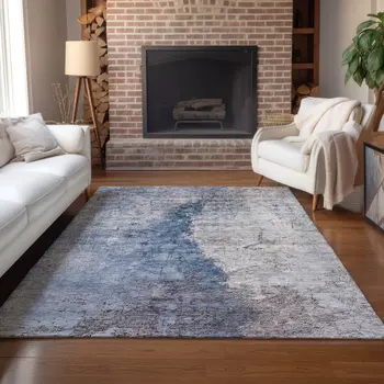 3' X 5' Navy Blue And Gray Abstract Washable Indoor Outdoor Area Rug