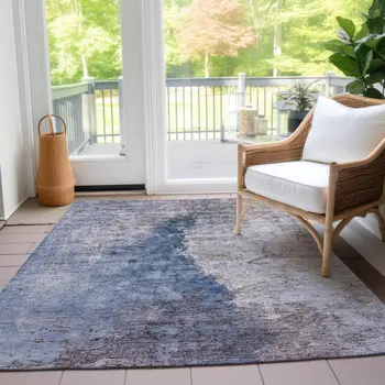 3' X 5' Navy Blue And Gray Abstract Washable Indoor Outdoor Area Rug