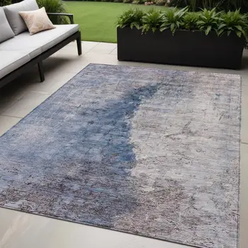5' X 8' Navy Blue And Gray Abstract Washable Indoor Outdoor Area Rug