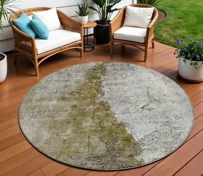 8' Brown Gray And Silver Round Abstract Washable Indoor Outdoor Area Rug