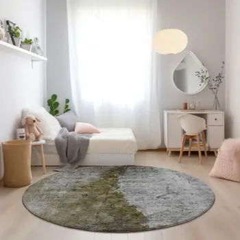 8' Brown Gray And Silver Round Abstract Washable Indoor Outdoor Area Rug
