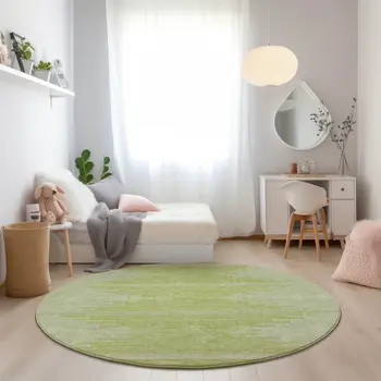 8' Artichoke Green And Ivory Round Abstract Washable Indoor Outdoor Area Rug