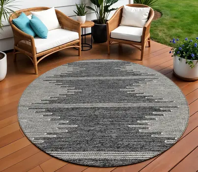 8' Charcoal And Ivory Round Abstract Washable Indoor Outdoor Area Rug