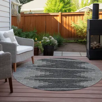 8' Charcoal And Ivory Round Abstract Washable Indoor Outdoor Area Rug