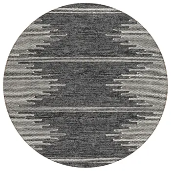 8' Charcoal And Ivory Round Abstract Washable Indoor Outdoor Area Rug