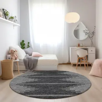 8' Charcoal And Ivory Round Abstract Washable Indoor Outdoor Area Rug