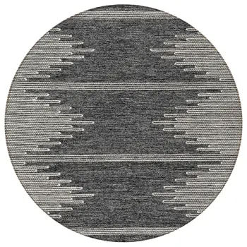 8' Charcoal And Ivory Round Abstract Washable Indoor Outdoor Area Rug