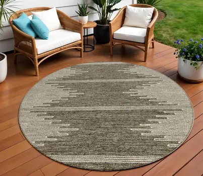 8' Coffee And Ivory Round Abstract Washable Indoor Outdoor Area Rug