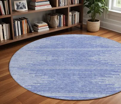 8' Denim Blue And Ivory Round Abstract Washable Indoor Outdoor Area Rug