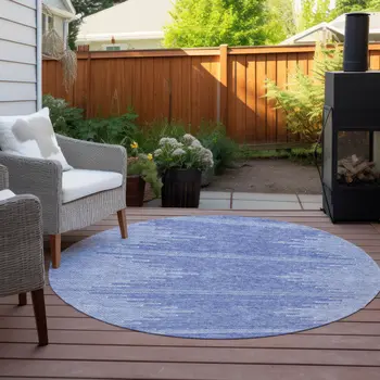 8' Denim Blue And Ivory Round Abstract Washable Indoor Outdoor Area Rug