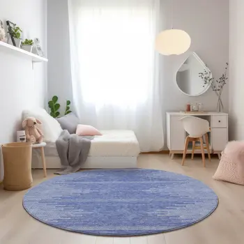 8' Denim Blue And Ivory Round Abstract Washable Indoor Outdoor Area Rug