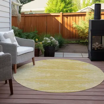 8' Gold And Ivory Round Abstract Washable Indoor Outdoor Area Rug