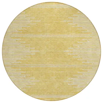 8' Gold And Ivory Round Abstract Washable Indoor Outdoor Area Rug