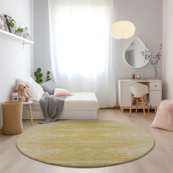 8' Gold And Ivory Round Abstract Washable Indoor Outdoor Area Rug