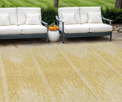 8' X 10' Gold And Ivory Abstract Washable Indoor Outdoor Area Rug