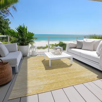 9' X 12' Gold And Ivory Abstract Washable Indoor Outdoor Area Rug