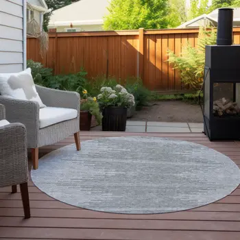 8' Gray And Ivory Round Abstract Washable Indoor Outdoor Area Rug