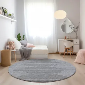 8' Gray And Ivory Round Abstract Washable Indoor Outdoor Area Rug