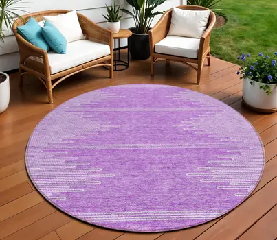 8' Lavender And Ivory Round Abstract Washable Indoor Outdoor Area Rug