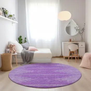 8' Lavender And Ivory Round Abstract Washable Indoor Outdoor Area Rug