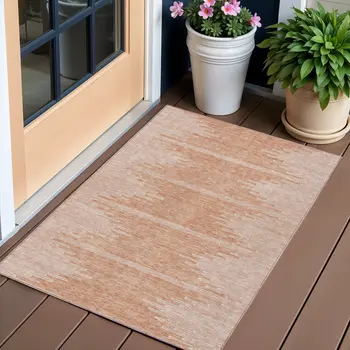 3' X 5' Salmon And Ivory Abstract Washable Indoor Outdoor Area Rug