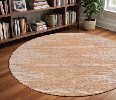 8' Salmon And Ivory Round Abstract Washable Indoor Outdoor Area Rug