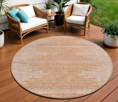 8' Salmon And Ivory Round Abstract Washable Indoor Outdoor Area Rug