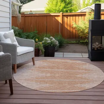 8' Salmon And Ivory Round Abstract Washable Indoor Outdoor Area Rug