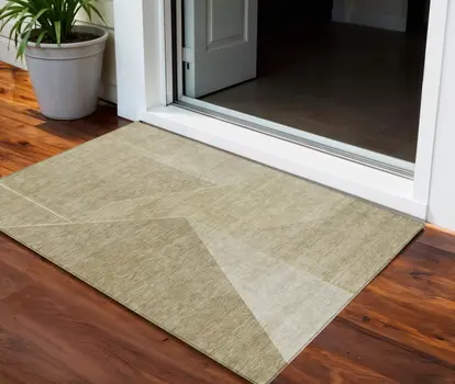 3' X 5' Beige Tan And Ivory Geometric Washable Indoor Outdoor Area Rug