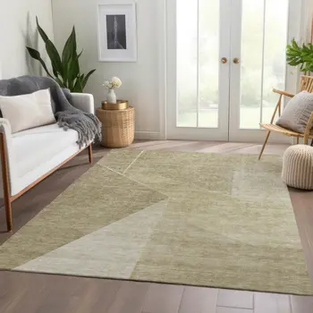 3' X 5' Beige Tan And Ivory Geometric Washable Indoor Outdoor Area Rug