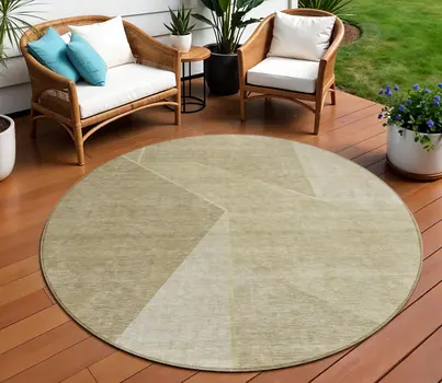 8' Beige Tan And Ivory Round Geometric Washable Indoor Outdoor Area Rug
