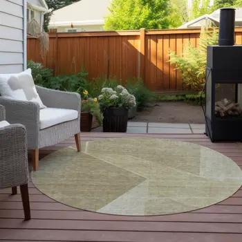 8' Beige Tan And Ivory Round Geometric Washable Indoor Outdoor Area Rug