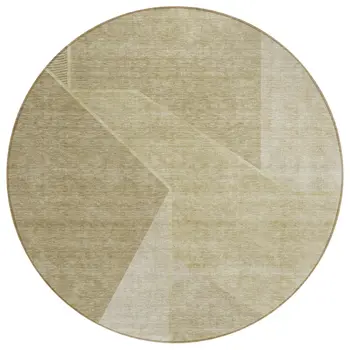 8' Beige Tan And Ivory Round Geometric Washable Indoor Outdoor Area Rug