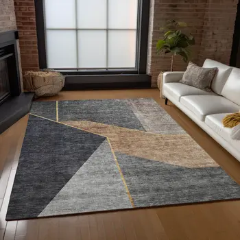 3' X 5' Charcoal Taupe And Gray Geometric Washable Indoor Outdoor Area Rug