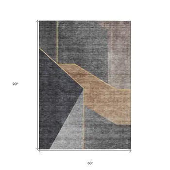 5' X 8' Charcoal Taupe And Gray Geometric Washable Indoor Outdoor Area Rug