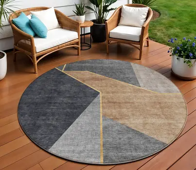 8' Charcoal Taupe And Gray Round Geometric Washable Indoor Outdoor Area Rug