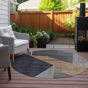 8' Charcoal Taupe And Gray Round Geometric Washable Indoor Outdoor Area Rug