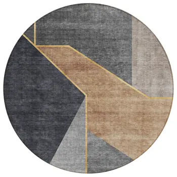 8' Charcoal Taupe And Gray Round Geometric Washable Indoor Outdoor Area Rug