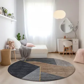 8' Charcoal Taupe And Gray Round Geometric Washable Indoor Outdoor Area Rug