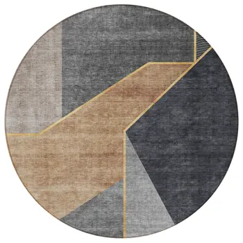 8' Charcoal Taupe And Gray Round Geometric Washable Indoor Outdoor Area Rug