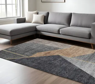 10' X 14' Charcoal Taupe And Gray Geometric Washable Indoor Outdoor Area Rug