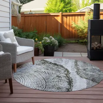 8' Gray Taupe And Silver Round Abstract Washable Indoor Outdoor Area Rug