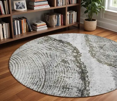 8' Gray Taupe And Silver Round Abstract Washable Indoor Outdoor Area Rug