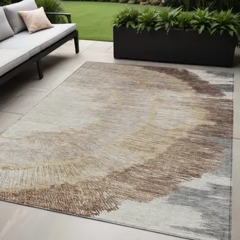 5' X 8' Brown Beige And Taupe Abstract Washable Indoor Outdoor Area Rug